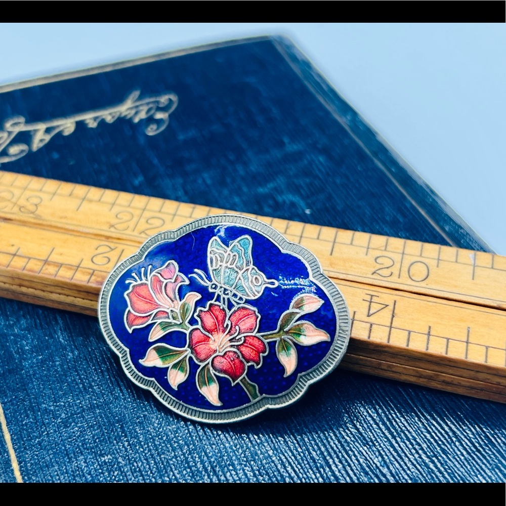 Vintage cloisonné brooch pin cobalt blue floral vibrant